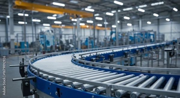 Fototapeta Automated conveyor system transporting materials. Streamlining the manufacturing process with modern technology and efficiency.