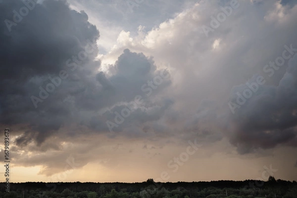 Obraz Dramatic thunderous sunset sky with dark huge rain clouds over green forest