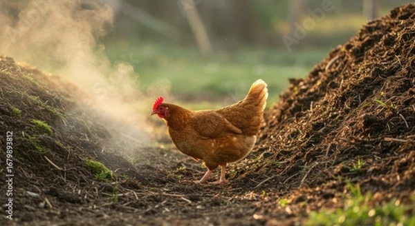 Fototapeta golden comet chicken - A brown hen forages near a compost pile in a sunlit farmyard, with soft morning mist rising in the background, showcasing rural life and sustainable practices