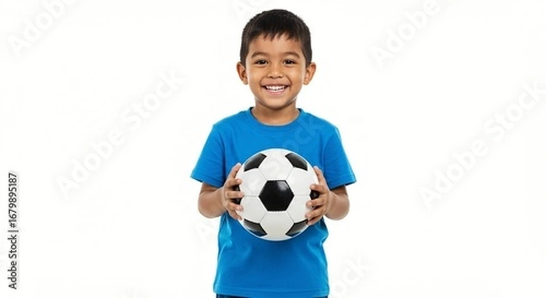 Fototapeta Smiling boy in blue t-shirt holding a soccer ball against a white background, looking at the camera with a happy expression.