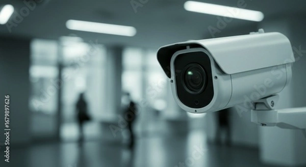 Fototapeta Security camera overlooking a hallway with people. Enhanced public safety through video surveillance technology.