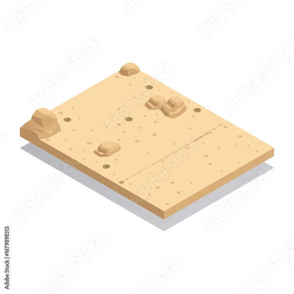 Fototapeta Isometric sandy desert ground with scattered rocks, barren land, and dry terrain in a digital illustration style