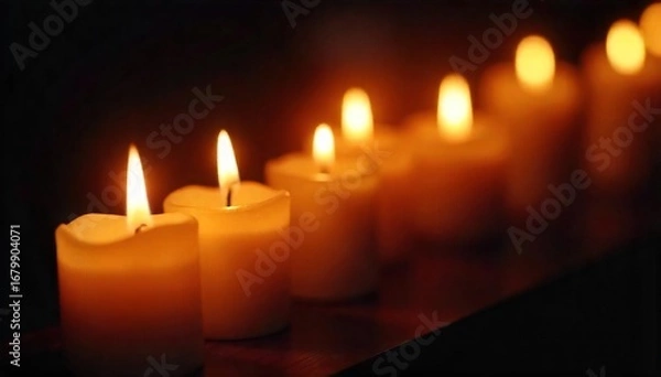 Fototapeta Close-up of flickering candlelight in a vigil, soft glow illuminating a dark space, creating a peaceful and somber atmosphere  Perfect for remembrance, grief, or memorial themes ,  serenity,  solace