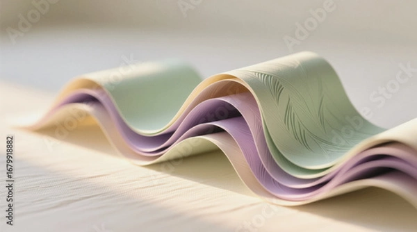 Fototapeta A close-up photo captures the intricate folds of a stack of origami paper with pastel colors and subtle patterns.