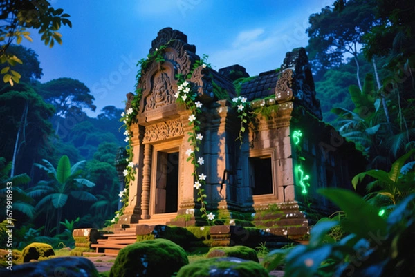 Fototapeta An ancient temple stands majestically in a lush jungle, adorned with intricate carvings and illuminated by soft green lights.