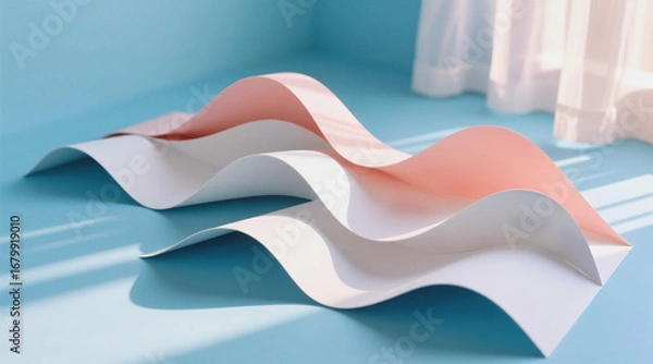 Fototapeta Three wavy pieces of paper, two white and one pink, lie on a blue textured surface with a glass bottle in the background.