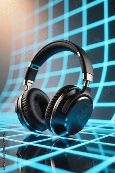 Fototapeta A pair of black over-ear headphones rests on a reflective surface with a blue grid pattern background.