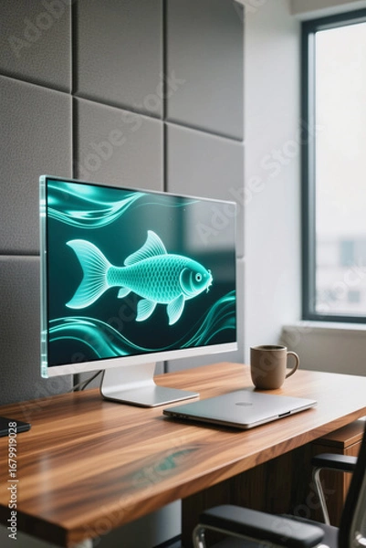 Fototapeta A modern office desk features a computer monitor displaying an animated fish, a laptop, and a coffee mug on a wooden surface with a window in the background.