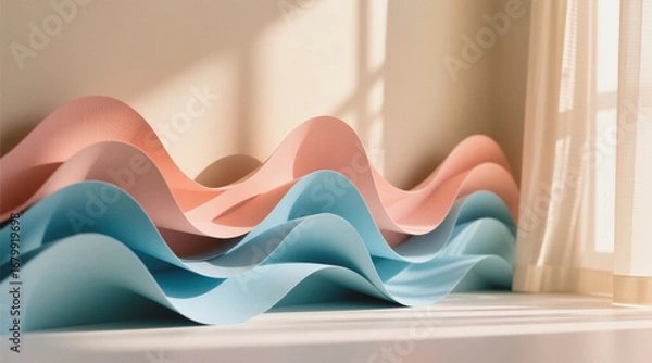 Fototapeta Wavy paper sculptures in shades of blue and pink create a dynamic display on a white surface near a window.
