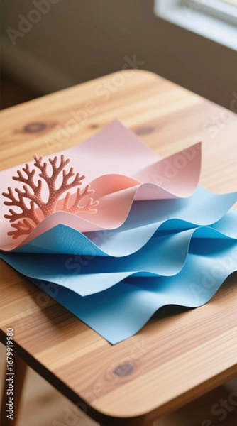 Fototapeta A wooden table displays a stack of pastel-colored paper with a coral-shaped cutout resting on top.