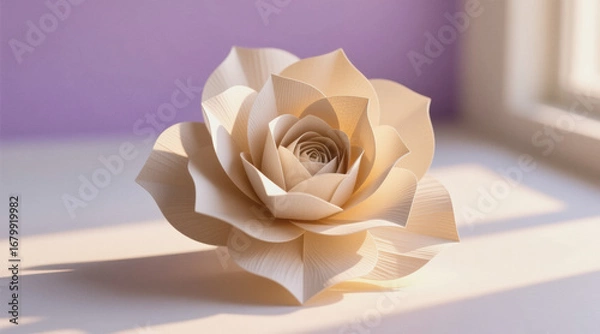 Fototapeta A meticulously crafted origami rose sits on a white surface with sunlight streaming through a window in the background.