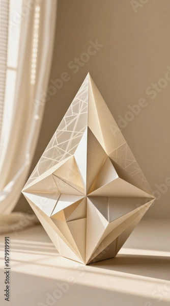 Fototapeta A geometric paper sculpture stands on a windowsill, casting intricate shadows against a beige wall.