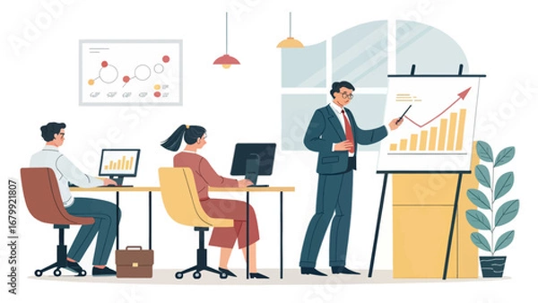 Fototapeta Business team collaborating in an office presentation, analyzing financial growth and strategizing for success. Ideal for corporate, finance, and professional development themes.