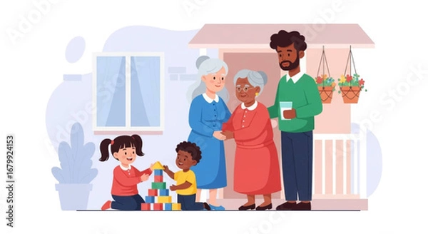 Fototapeta Multi-generational family enjoying time together at home, with children playing blocks and adults showing affection. Represents happiness, care, and family bonds.