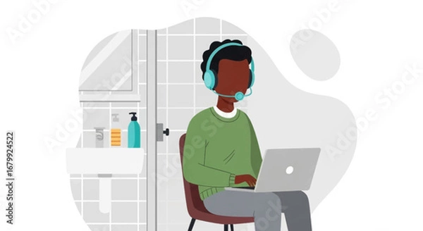 Fototapeta Man working remotely on a laptop with a headset from an unconventional bathroom setting, showcasing flexible modern work-life balance.