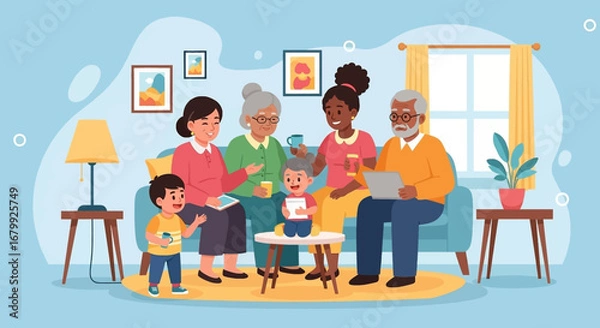 Fototapeta Happy multi-generational family bonding at home, enjoying relaxation and connection. Depicts warm interaction, shared moments, and a modern lifestyle.