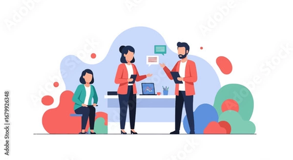 Fototapeta Business professionals collaborating in an office setting. Team members discuss strategy and review data, showcasing teamwork and communication.