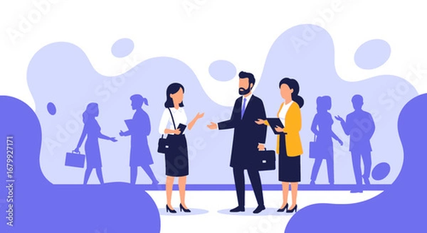 Fototapeta Business professionals engaging in a discussion, illustrating teamwork, communication, and corporate networking. Ideal for concepts like partnership and collaboration.