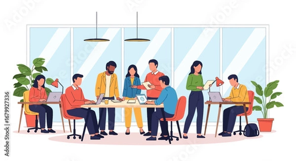 Fototapeta Diverse team collaborating and working diligently in a modern, bright office space, highlighting teamwork, productivity, and a professional business environment.