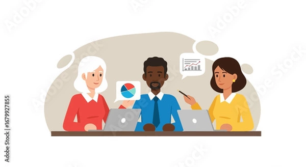 Fototapeta Diverse business team collaborating on a project, analyzing data and discussing financial strategies in a professional office setting. Ideal for corporate communication and teamwork concepts.