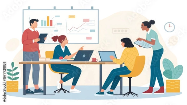Fototapeta Diverse team of professionals collaborating in a modern office, analyzing data and strategizing for business success. Ideal for concepts of teamwork and project management.