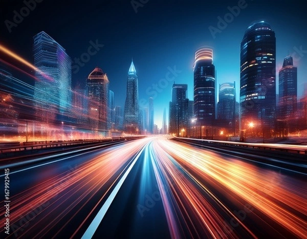 Fototapeta blurredt city nightscape with motion blur light trails