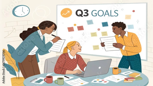 Fototapeta Professional diverse team actively planning Q3 business goals in a modern office, utilizing a whiteboard, laptop, and documents. Illustrates collaboration and strategy.
