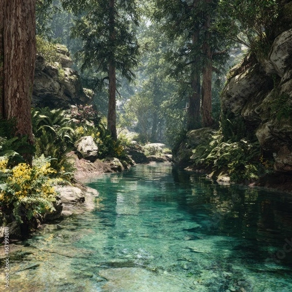 Obraz Tranquil forest stream. Sunlight filters through trees