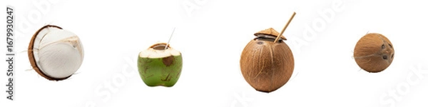 Fototapeta Assortment of coconuts, whole and cut open. Fresh drink, exotic fruit, tropical refreshment, healthy diet, summer, natural food, vegetarian, vegan.