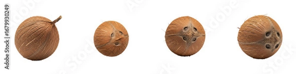 Fototapeta Coconuts are displayed in a row. Tropical fruit, healthy, brown, food, diet, exotic, ingredient