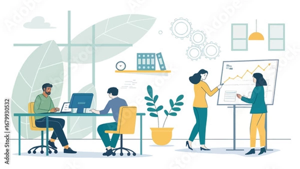 Fototapeta Professional team collaborating in a modern office environment, analyzing data and presenting strategies for business growth and success. Ideal for concepts of teamwork and progress.