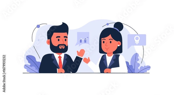 Fototapeta Business man and woman collaborating, discussing ideas, and analyzing growth data. Ideal for concepts of teamwork, innovation, and corporate strategy.