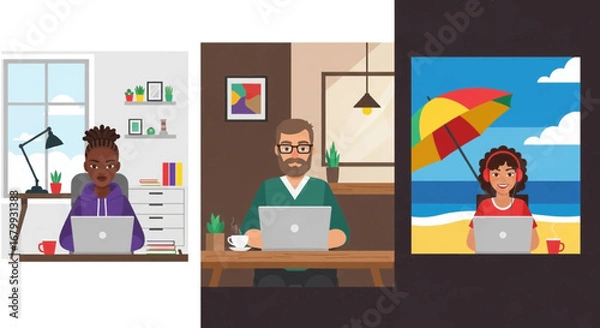 Fototapeta Diverse people engaged in remote work from various locations: a home office, a modern cafe, and a sunny beach, illustrating flexible lifestyle and productivity.
