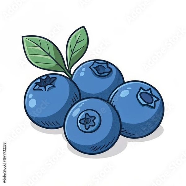 Fototapeta Illustration of four blueberries with a leaf isolated on white background