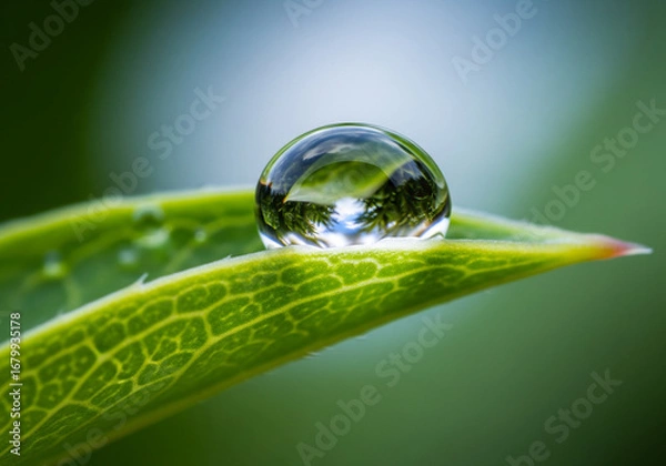 Fototapeta Water Droplet on Leaf Reflecting Sky and Trees.