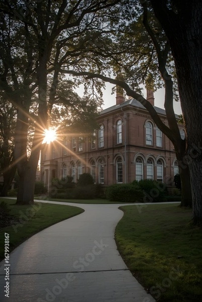 Fototapeta Historic red brick building with arched windows at sunrise framed by large trees and manicured garden path