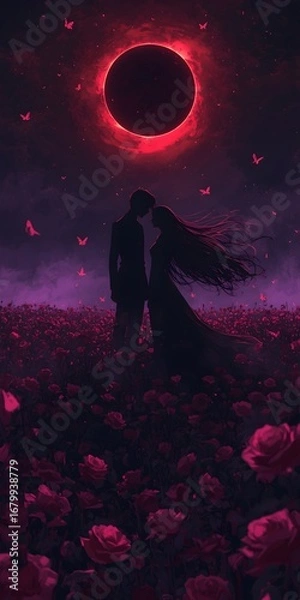 Fototapeta Mysterious Anime Eclipse Scene Featuring Faceless Shadows in a Field of Black and Crimson Roses