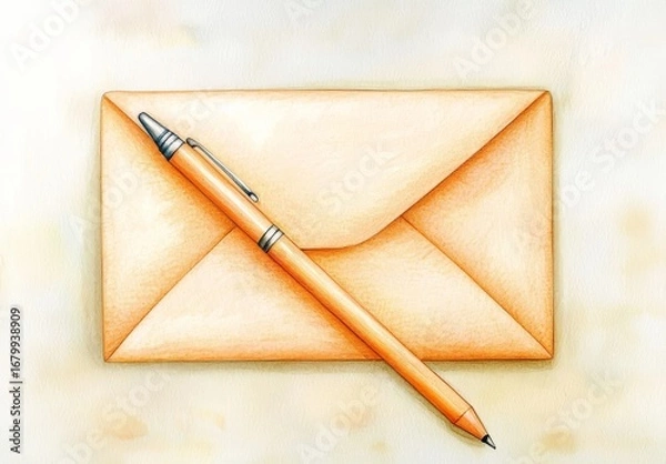 Fototapeta Hand-drawn envelope illustration complemented by writing tools on elegant stationery.