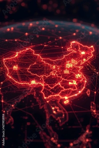 Fototapeta China Technology Infographic with AI Connections Across Provinces in Red and Gold Neon