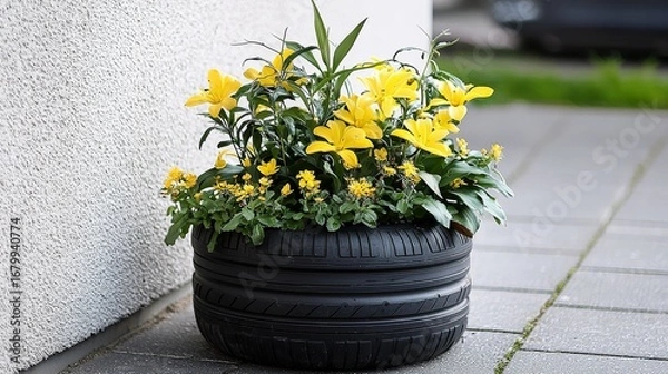 Fototapeta Beautiful yellow sidalcea blooms complement the planter design.