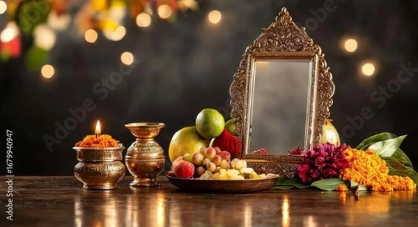 Fototapeta Minimalist Vishu Kani Setup on Wooden Surface