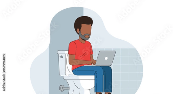 Fototapeta Illustration of a man using a laptop on a toilet, showcasing remote work, multitasking, and the blurred lines between personal and professional life. Perfect for modern work concepts.