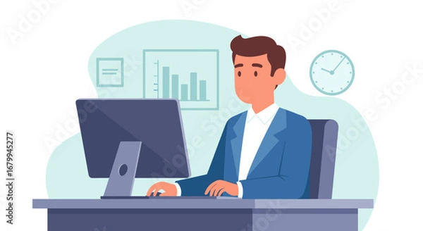 Obraz Professional businessman working diligently at his desk in a modern office, analyzing data on his computer. Represents productivity, finance, and corporate success.