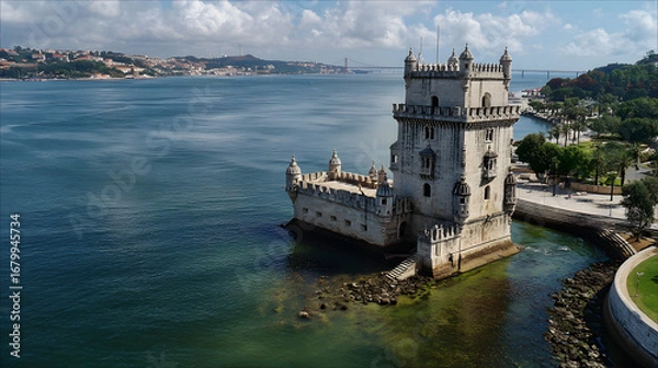 Fototapeta Aerial view of the historic Belém Tower, a 16th-century fortification on the bank of the Tagus River in Lisbon, Portugal.