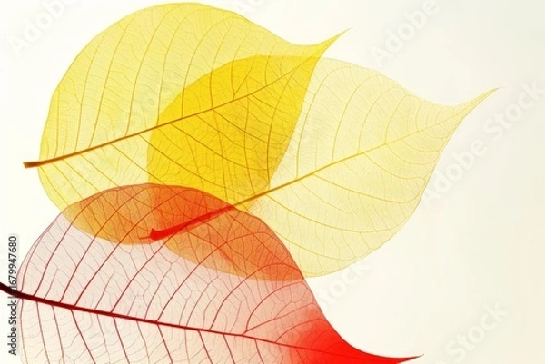 Fototapeta Autumn background of yellow and red transparent leaves.