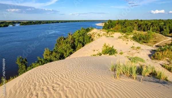Fototapeta Expansive view of a sandy dune overlooking a serene river valley, vibrant greenery contrasting with light beige sand.