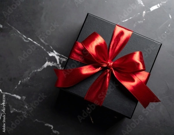 Obraz Black gift box with red ribbon