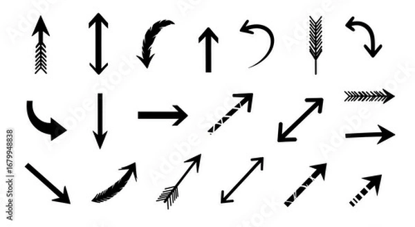 Fototapeta Various and arrow designs are displayed pointing in different directions on a isolated background.