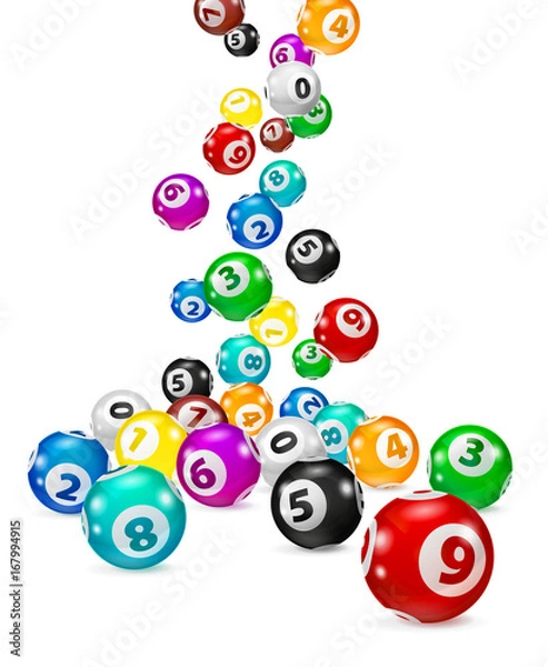 Fototapeta Illustration Colorful Bingo balls fall randomly. Lottery Number Balls Isolated. Colored balls isolated. Bingo ball. Bingo balls with numbers. Isolated illustration.