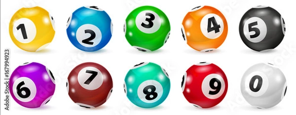 Obraz Illustration Colorful Bingo. Lottery Number Balls. Colored balls isolated. Bingo ball. Bingo balls with numbers. Set of colored balls. Realistic Illustration. Lotto concept.
